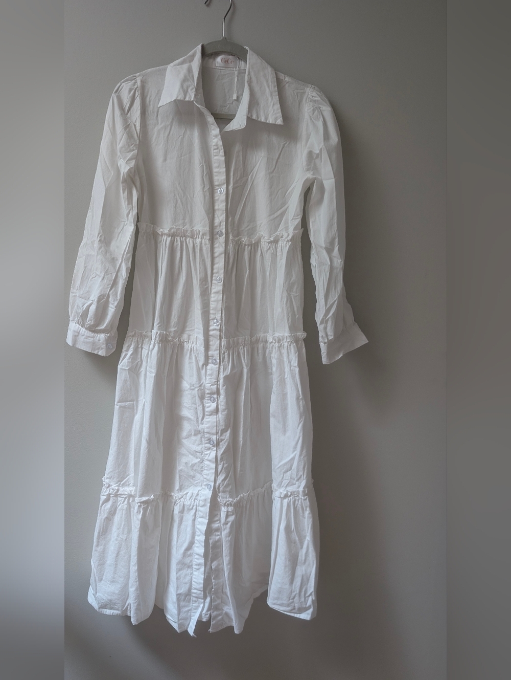 CeCe White Button-Front Tiered Long-Sleeve Dress
